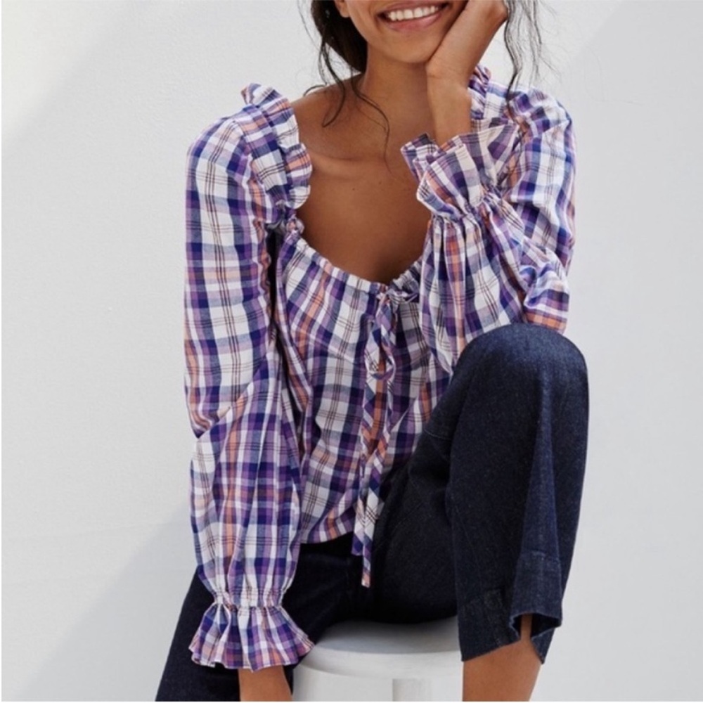 NWT Anthropologie Twelve Twelve Shannon Plaid Blouse Purple Medium
